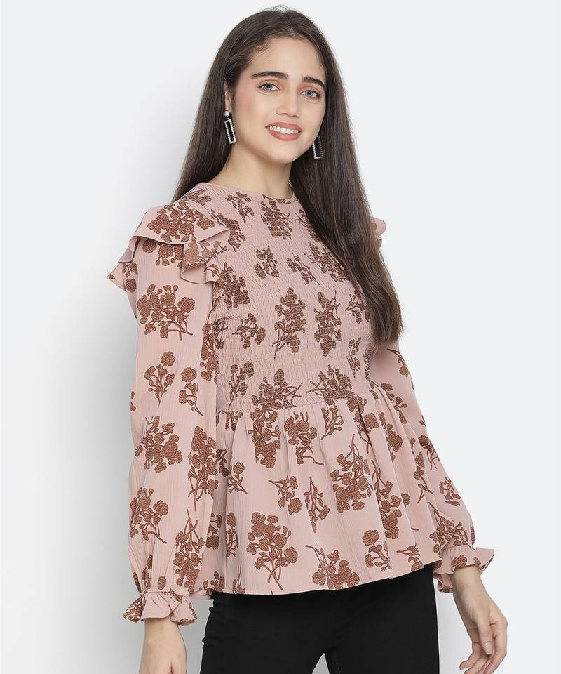 Crispy Brown floral print smocked women top