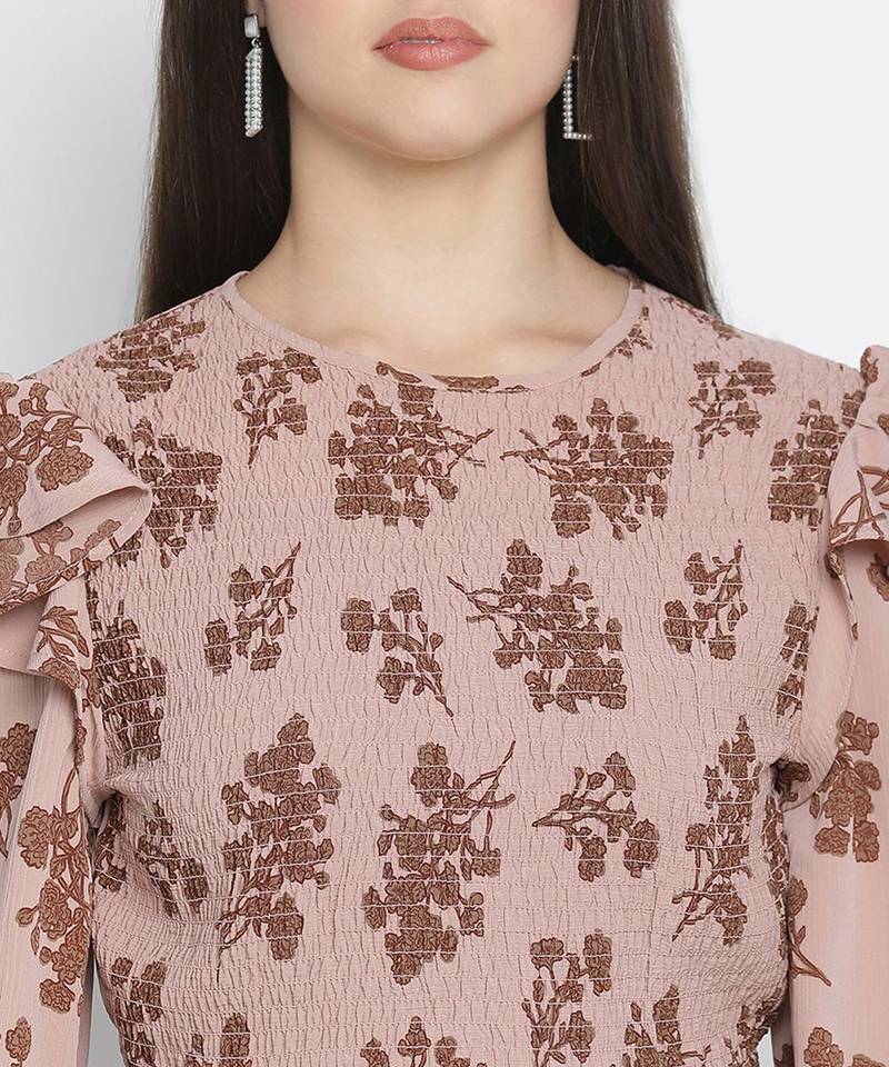 Crispy Brown floral print smocked women top