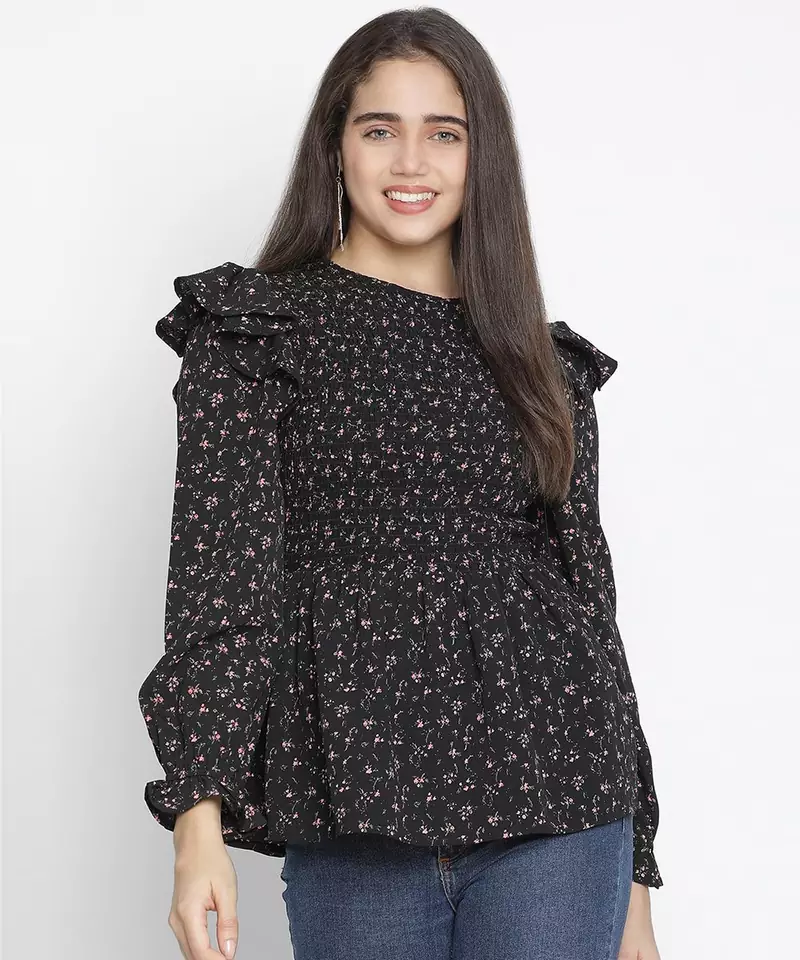 Jagged chic black dot print smocked women top