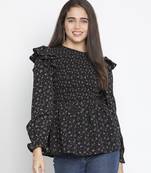 Jagged chic black dot print smocked women top