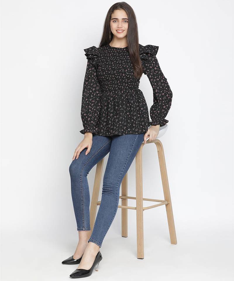 Jagged chic black dot print smocked women top