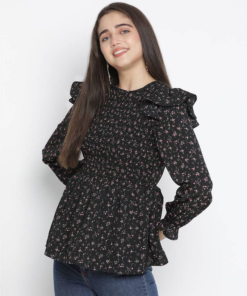 Jagged chic black dot print smocked women top
