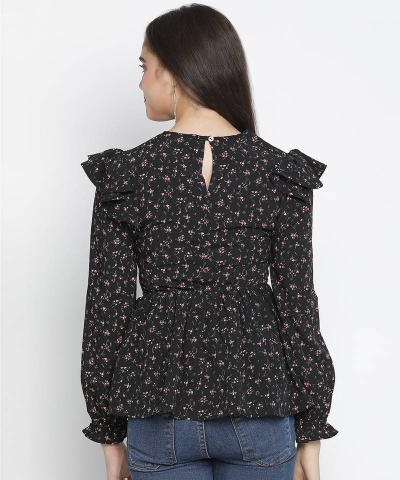 Jagged chic black dot print smocked women top