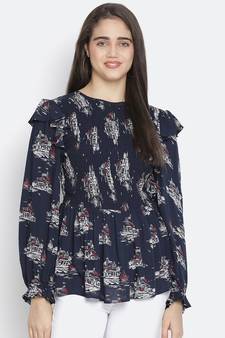 Gental blue tropical print chic smocked women top