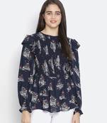 Gental blue tropical print chic smocked women top