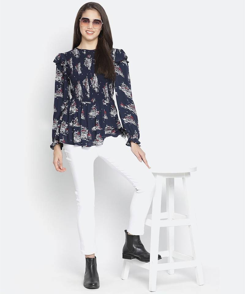 Gental blue tropical print chic smocked women top