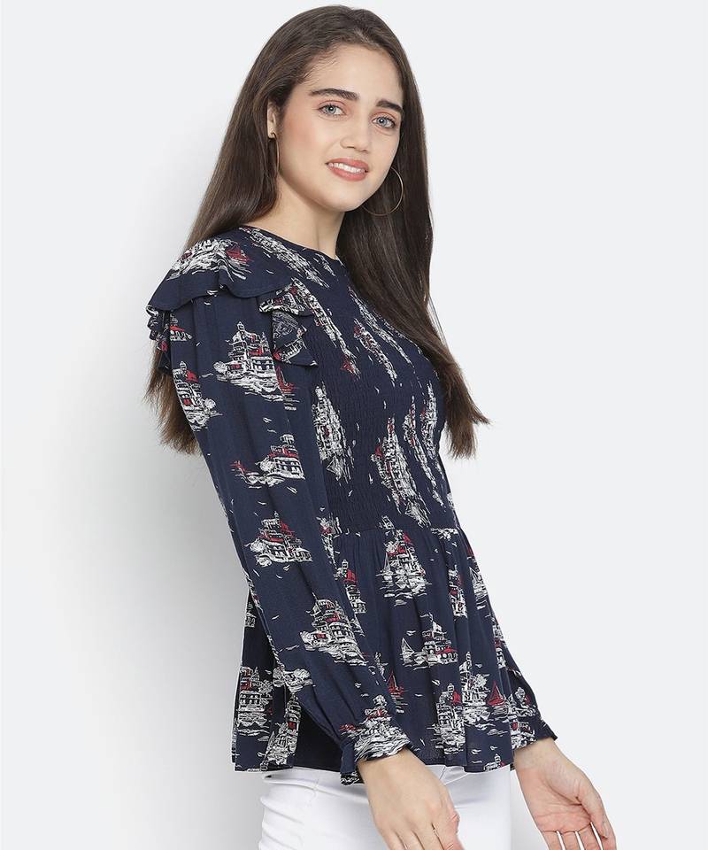 Gental blue tropical print chic smocked women top