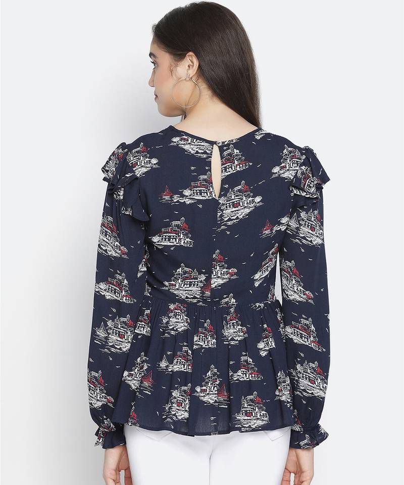 Gental blue tropical print chic smocked women top