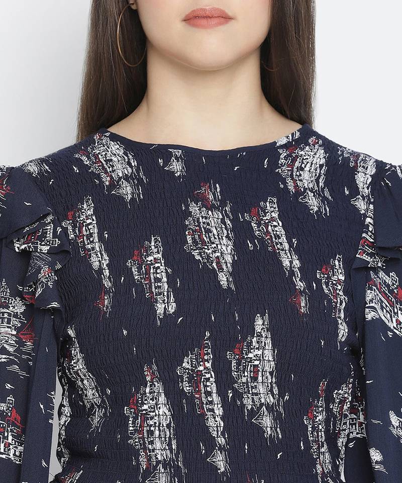 Gental blue tropical print chic smocked women top