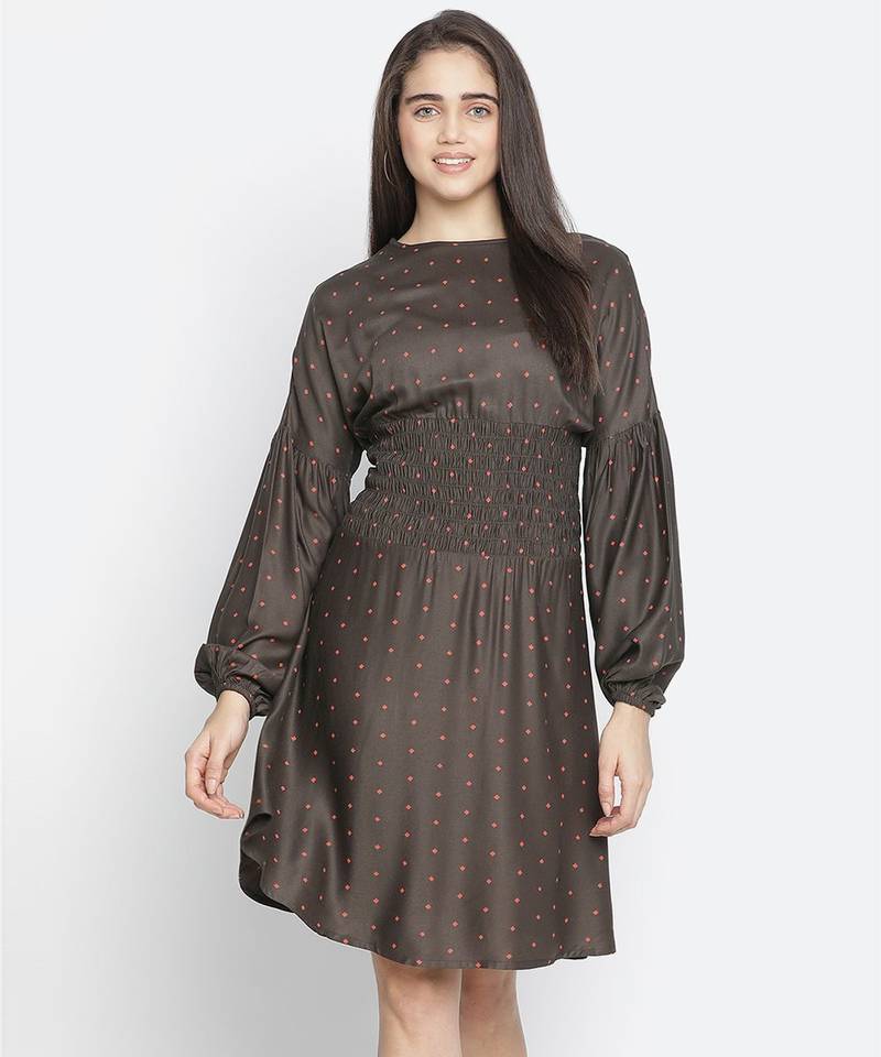 Rissser solid brown alluring women smocked dress