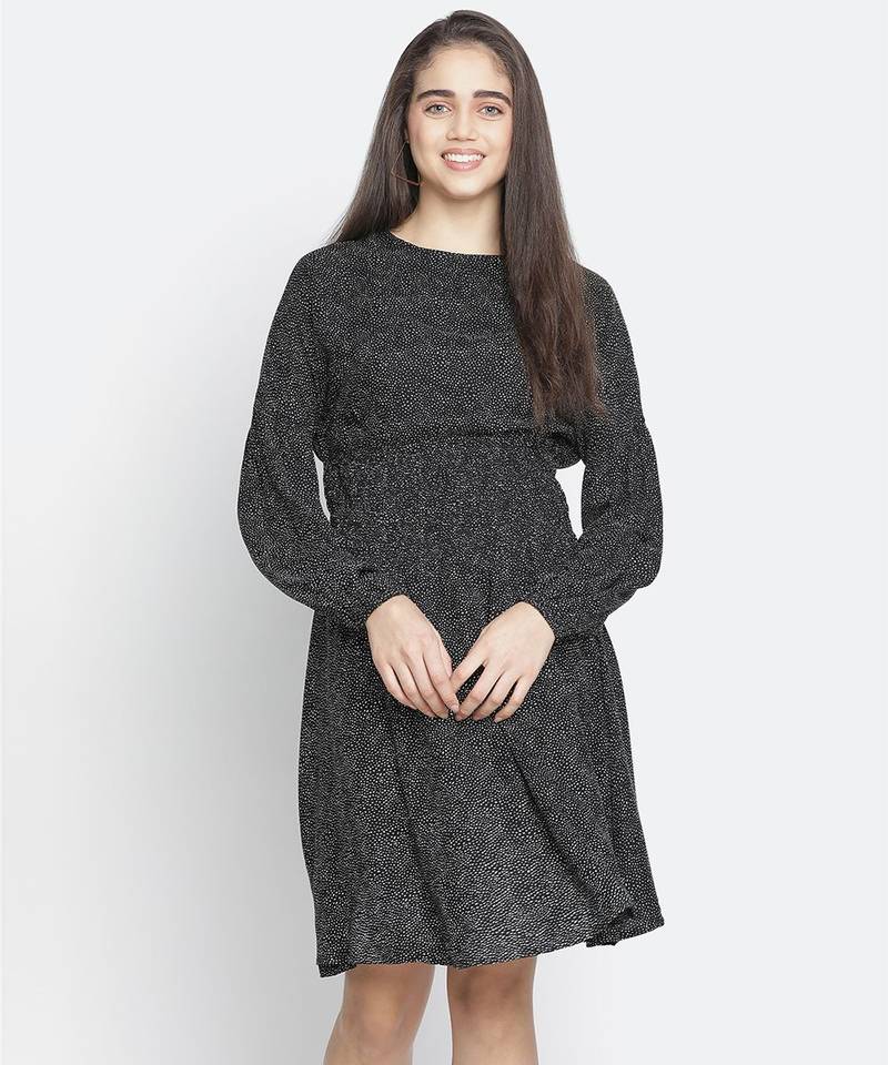 Pradise black dot print women smocked dress