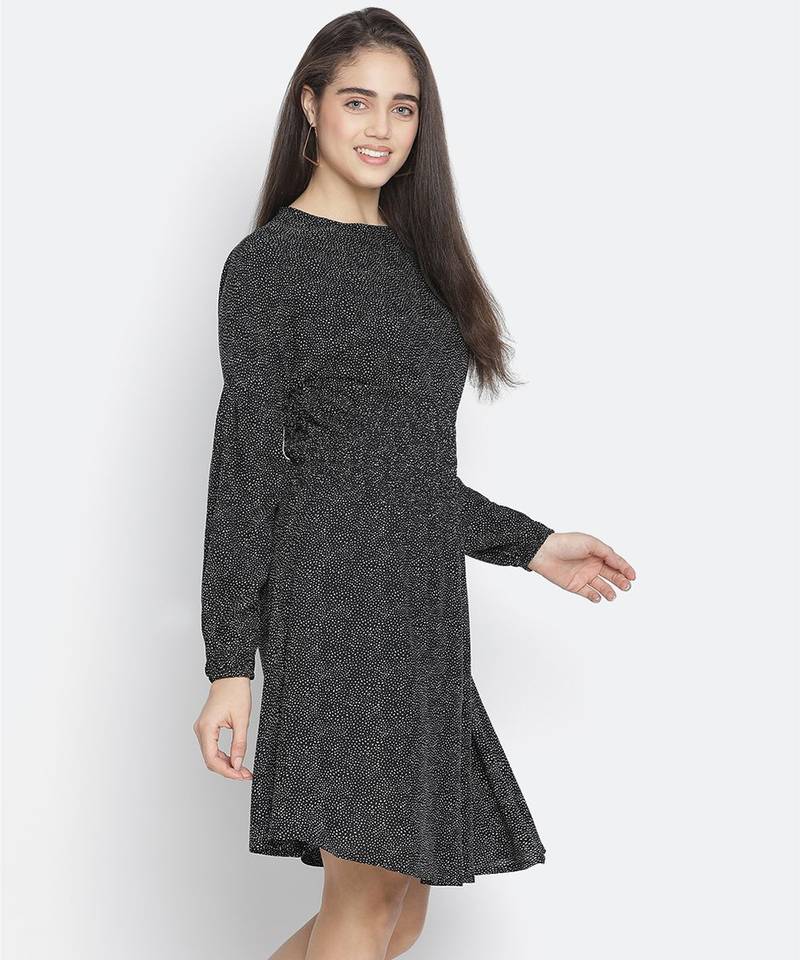 Pradise black dot print women smocked dress