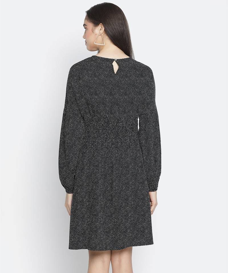 Pradise black dot print women smocked dress