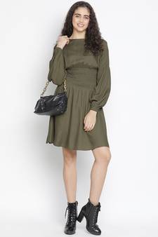 Elevon kahki colour smart women smocked dress