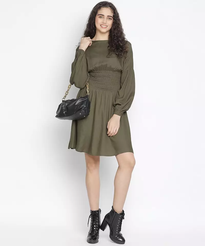 Elevon kahki colour smart women smocked dress
