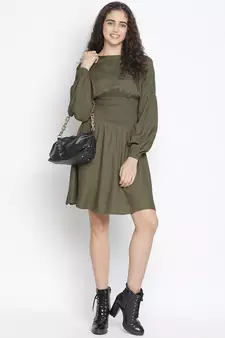 Elevon kahki colour smart women smocked dress
