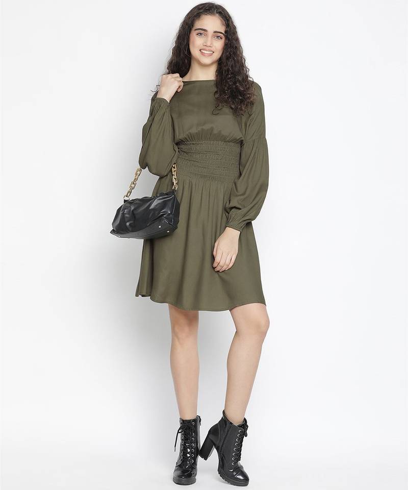 Elevon kahki colour smart women smocked dress