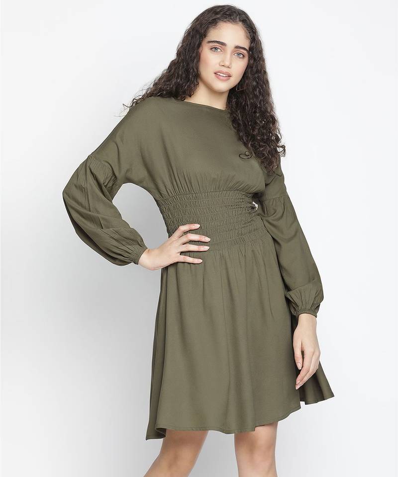 Elevon kahki colour smart women smocked dress