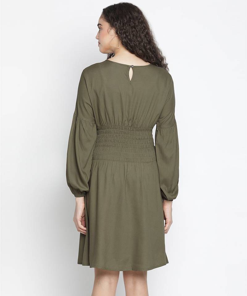 Elevon kahki colour smart women smocked dress