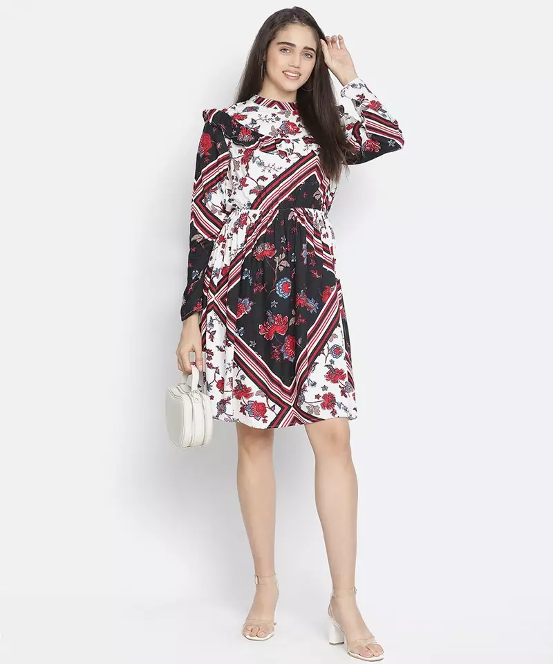 organic white floral print women ruffle dress