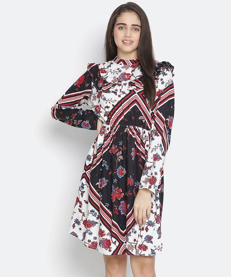 organic white floral print women ruffle dress