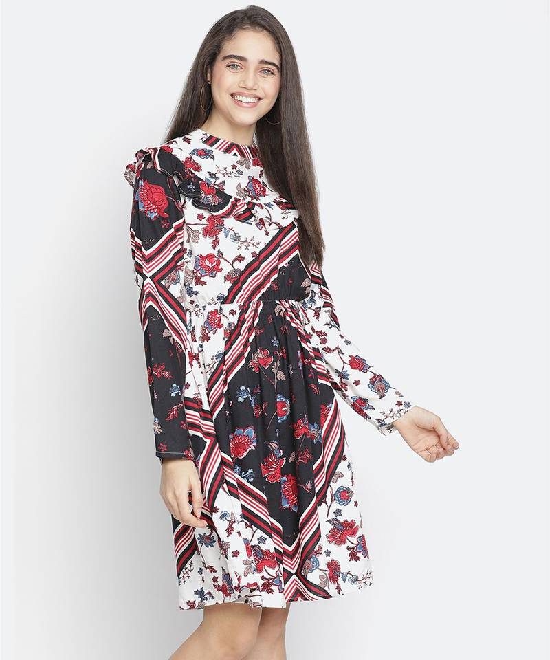 organic white floral print women ruffle dress