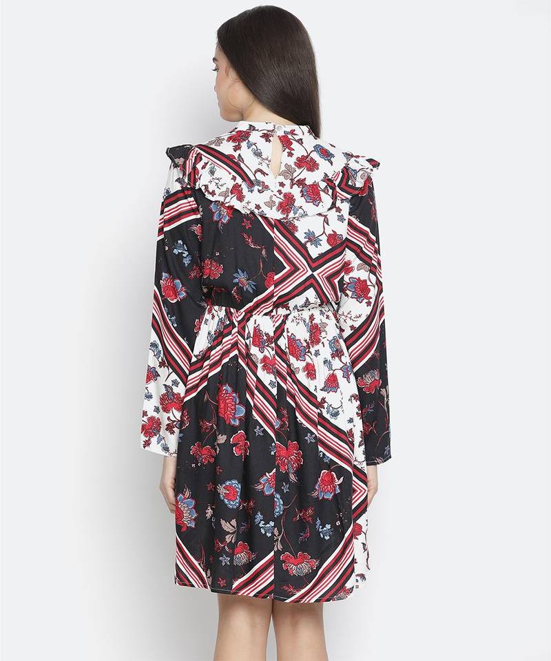 organic white floral print women ruffle dress