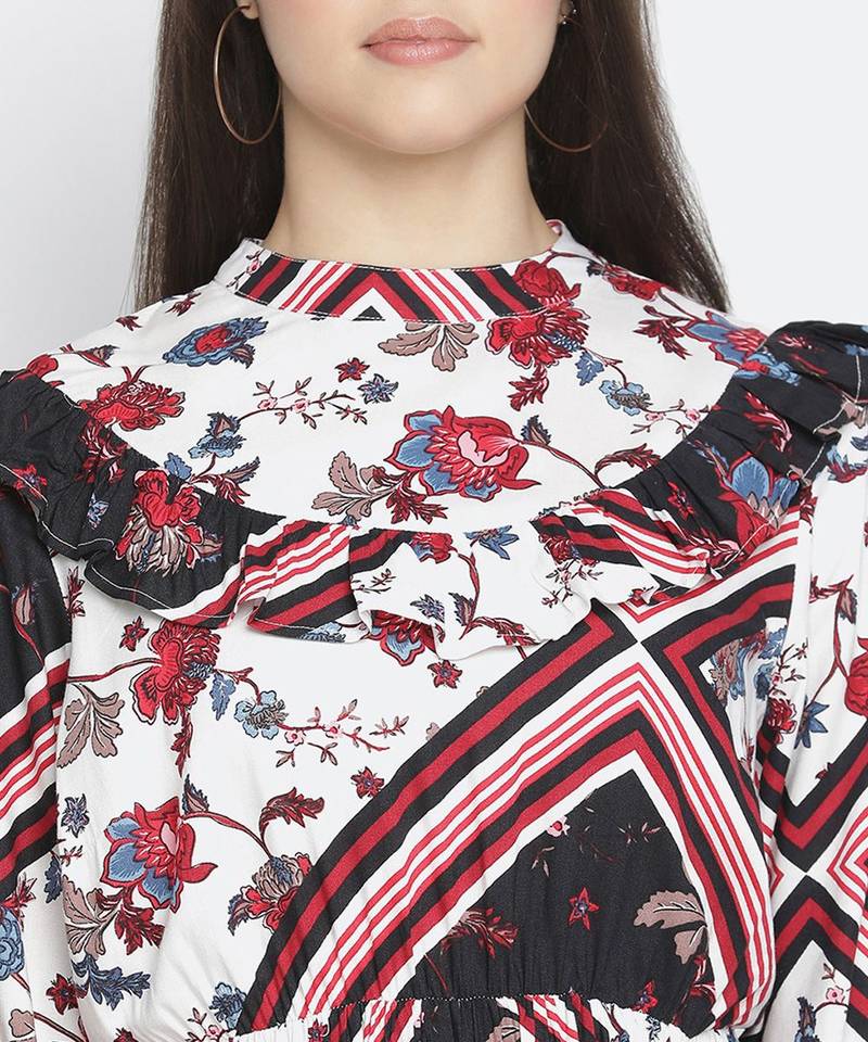 organic white floral print women ruffle dress