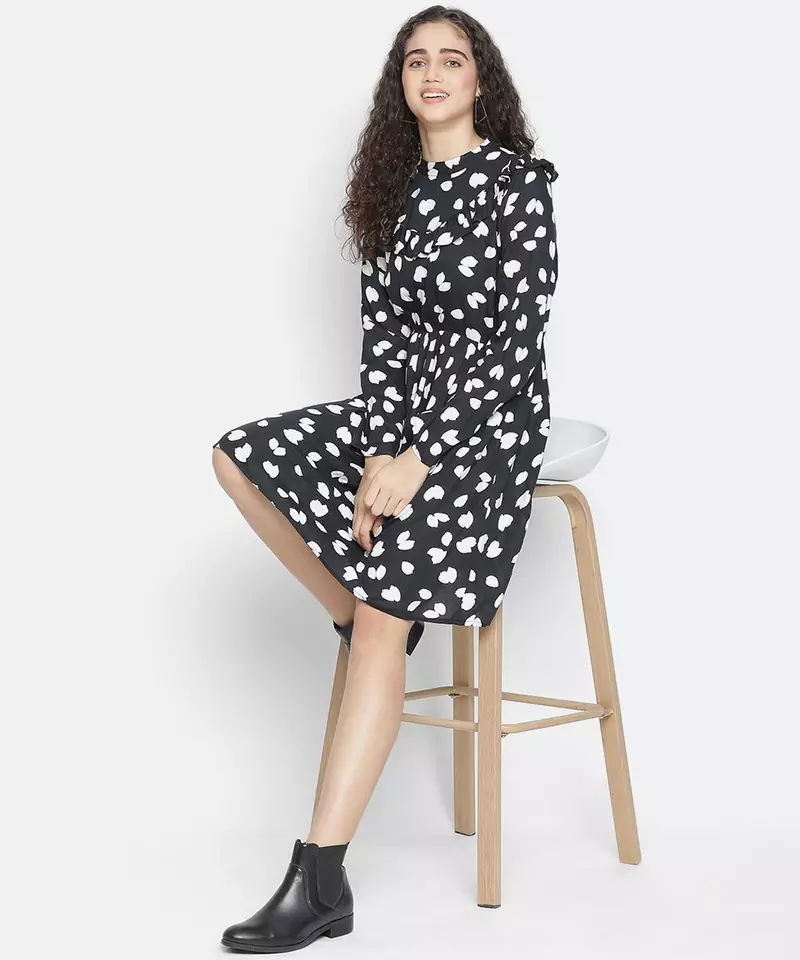Thrilling black printed diva women ruffle dress