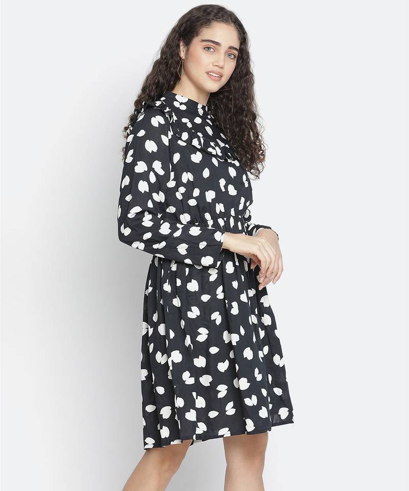 Thrilling black printed diva women ruffle dress