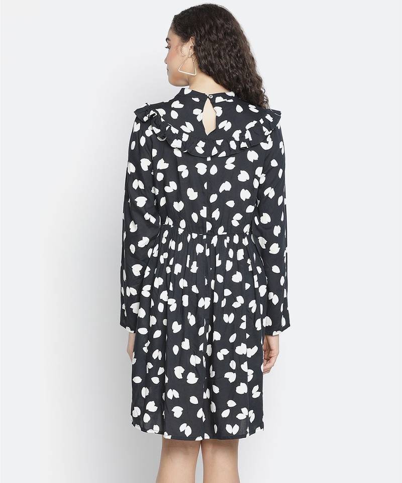 Thrilling black printed diva women ruffle dress