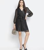 Astute solid black celeb- style women shimmer tie knot dress