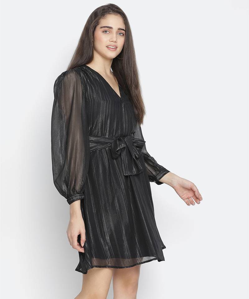 Astute solid black celeb- style women shimmer tie knot dress