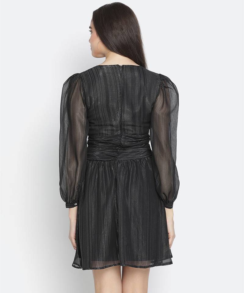 Astute solid black celeb- style women shimmer tie knot dress