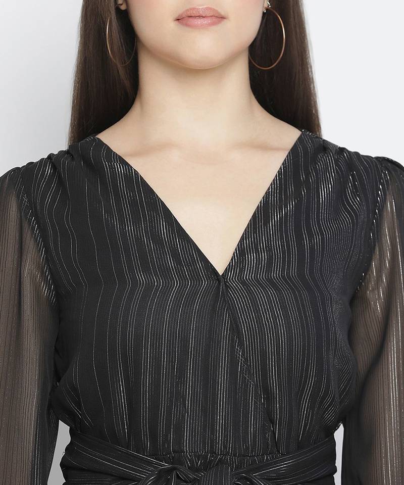 Astute solid black celeb- style women shimmer tie knot dress