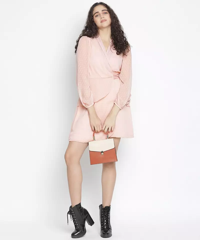 Heavenly dusty pink swiss dot wrap women dress