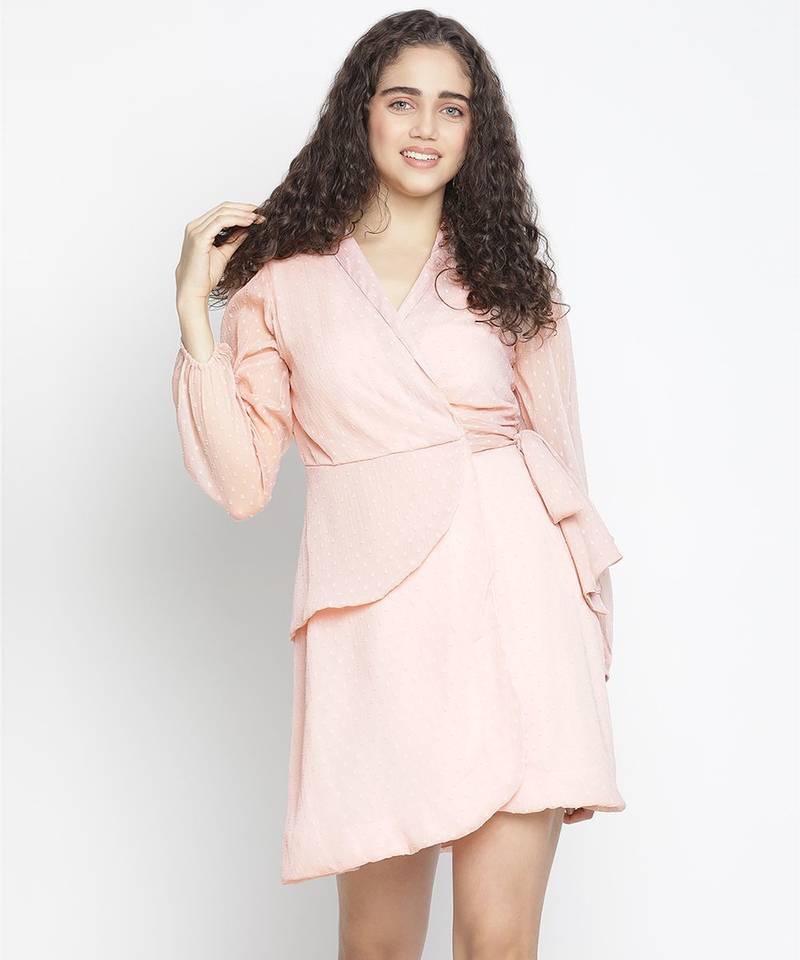 Heavenly dusty pink swiss dot wrap women dress