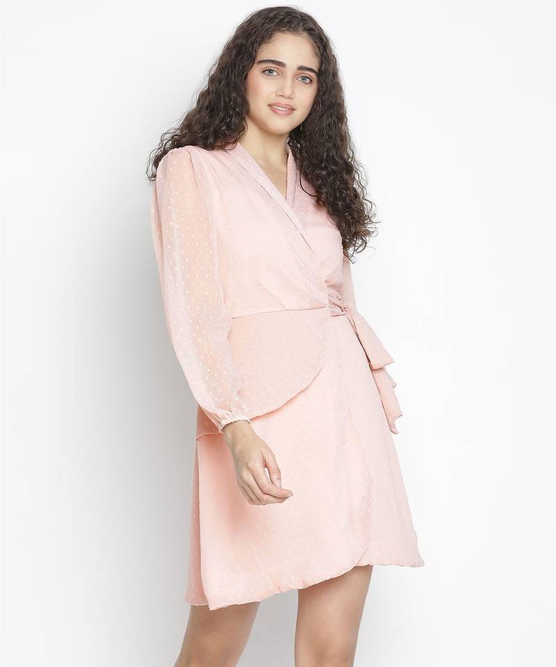 Heavenly dusty pink swiss dot wrap women dress