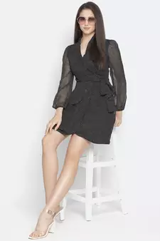 Rare solid black graceful wrap women dress
