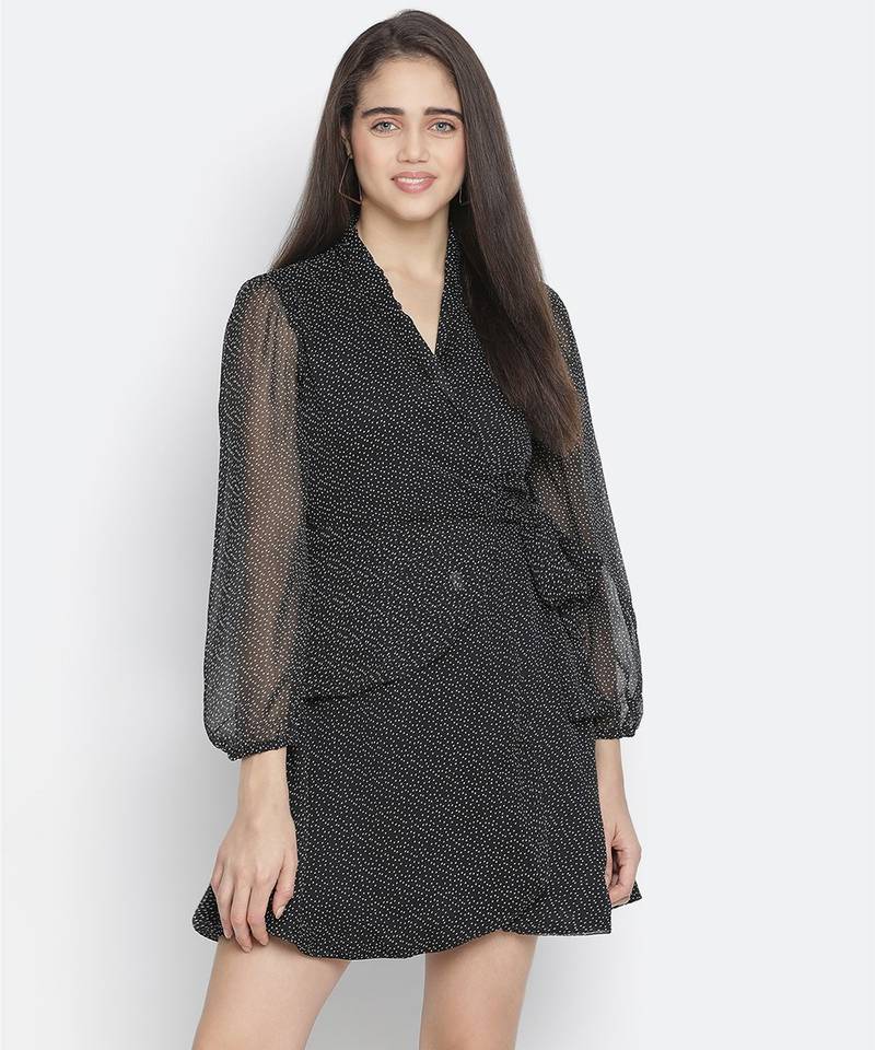 Rare solid black graceful wrap women dress