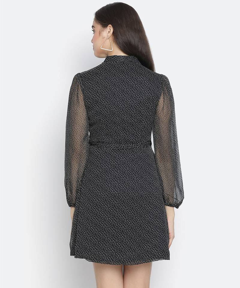 Rare solid black graceful wrap women dress