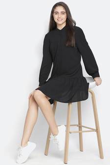 Soild black mania button- down women dress
