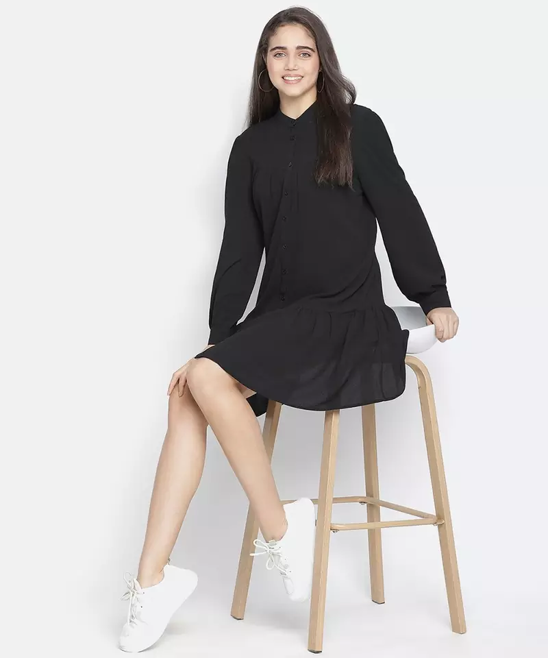 Soild black mania button- down women dress