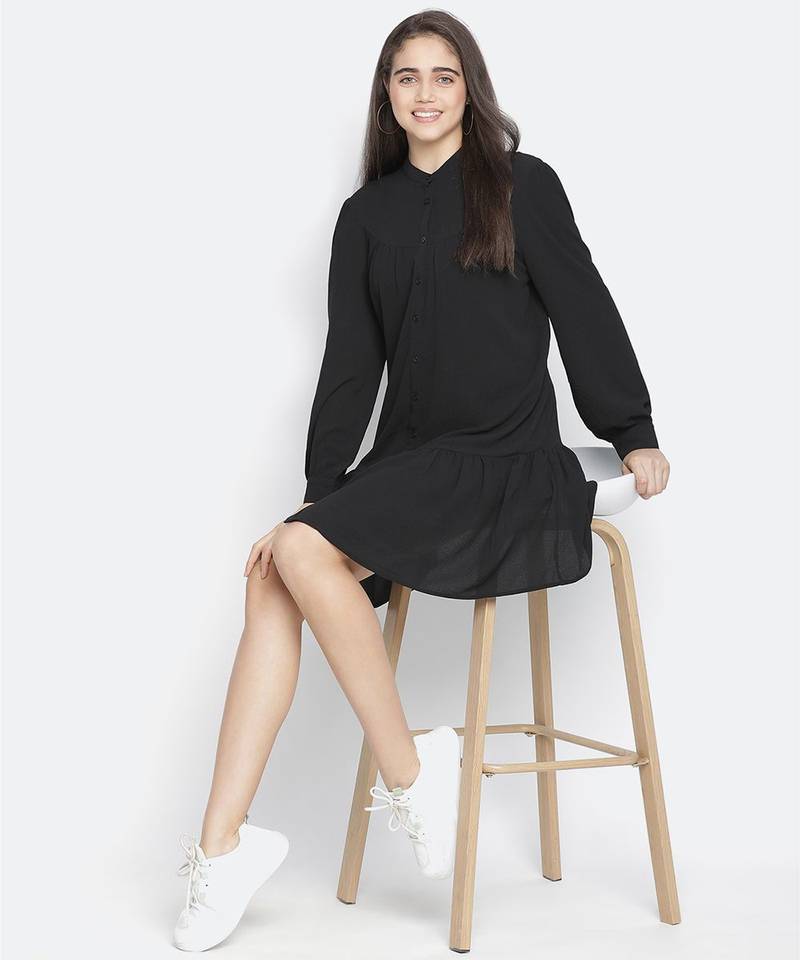 Soild black mania button- down women dress