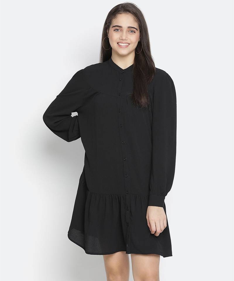 Soild black mania button- down women dress