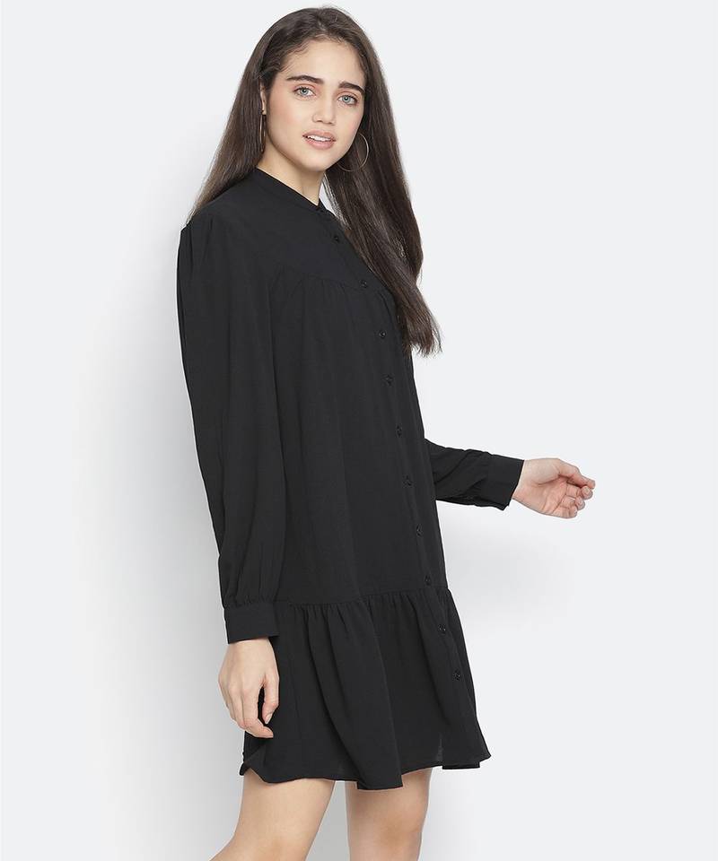 Soild black mania button- down women dress