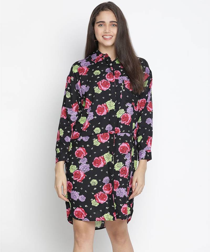 Abuzz black floral print button-down women dress