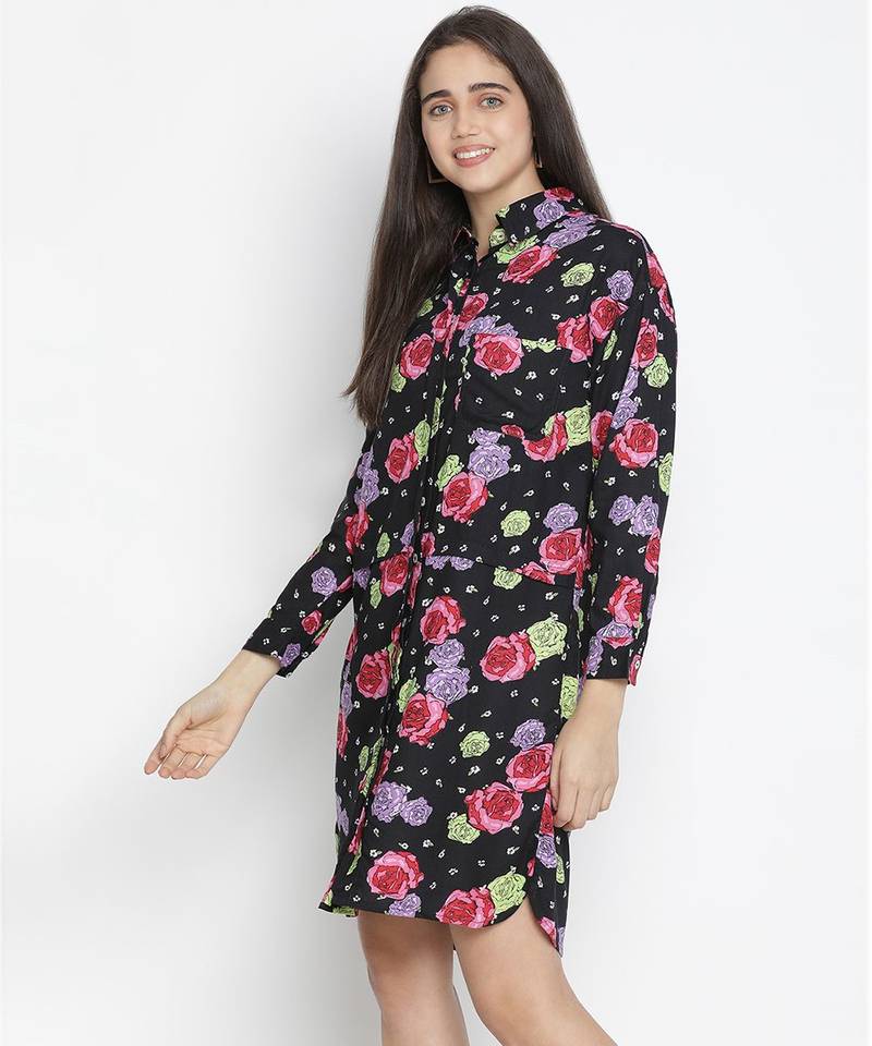 Abuzz black floral print button-down women dress