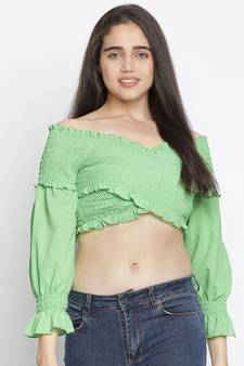 Gentle pretty green smocked women off-shoulder crop top