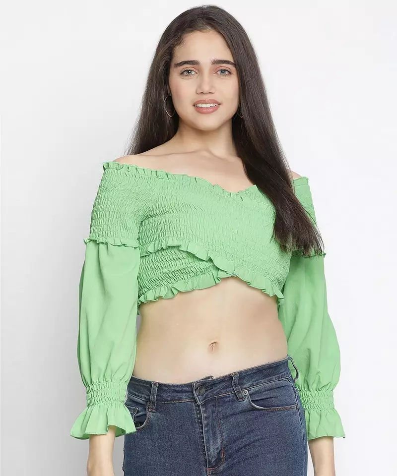 Gentle pretty green smocked women off-shoulder crop top